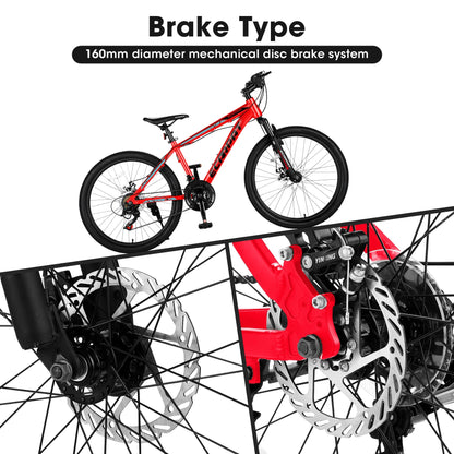 24" Mountain Bike, Shimano 21 Speed Kids Bike, Mountain Cycling Bikes with Mechanical Disc Brakes, Lightweight Kids Bicycle with Aluminium Frame, Girls Bike Boys Bike, Red