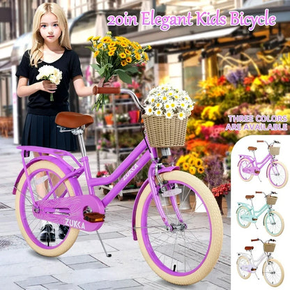 Girls Bike 20inch with Basket and Backseat, Kids Bicycle for 7-10 Years Old, Single Speed, Pink