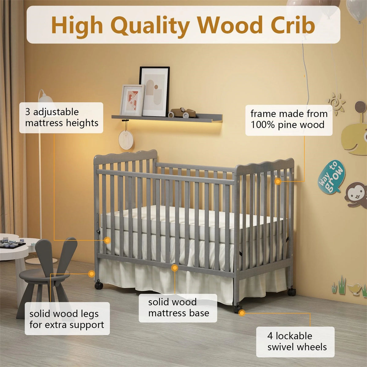Baby Convertible Crib 3 In 1, Converts from Baby Crib to Toddler Bed, New Zealand Pinewood Baby Bed with Locking Wheels and Teething Rail, Crib with 4 Height and Non Toxic Finish, Stone Gray