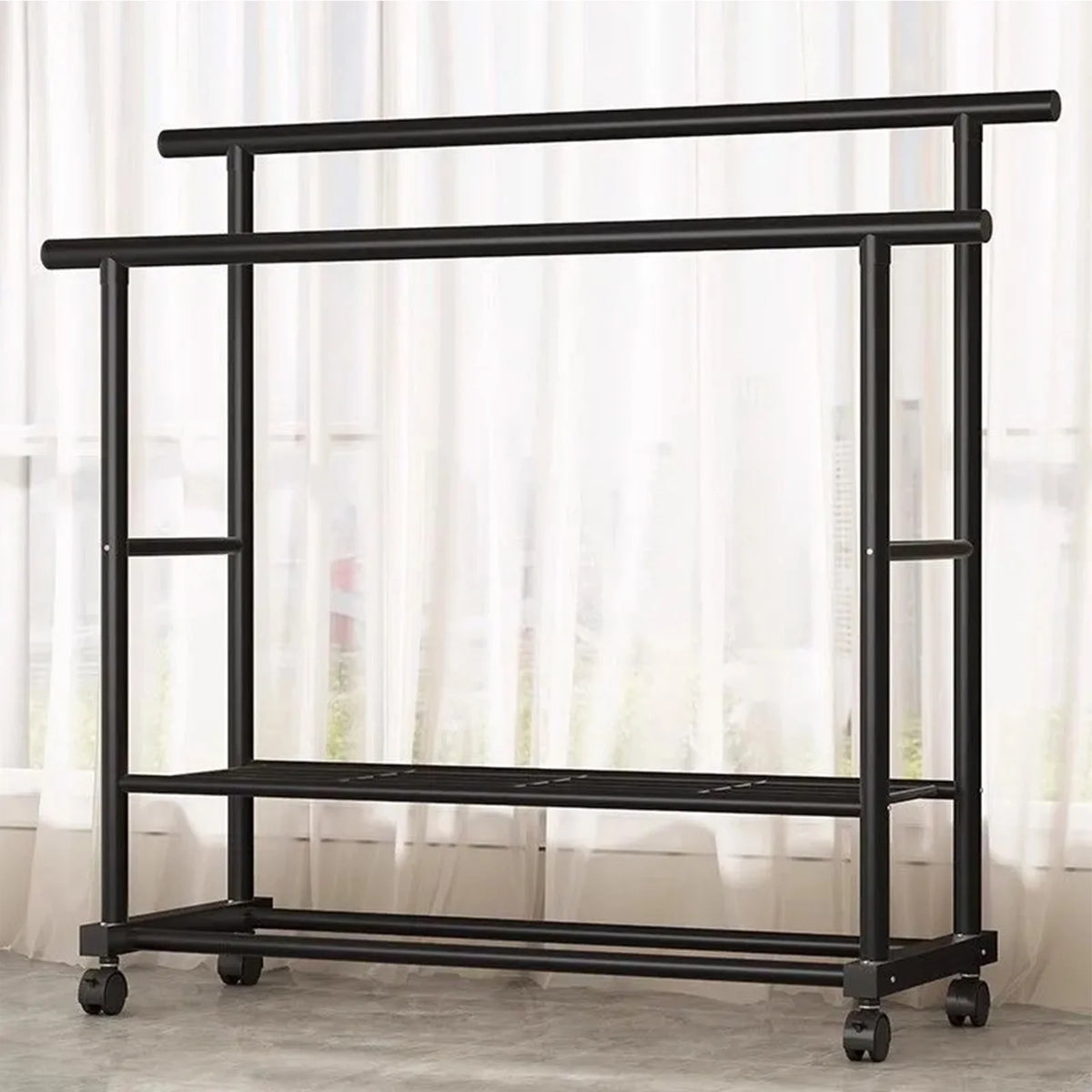 SUSUZI Double Rods Garment Rack with Wheels, Freestanding Clothing Rack for Hanging Clothes