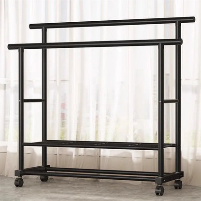 SUSUZI Double Rods Garment Rack with Wheels, Freestanding Clothing Rack for Hanging Clothes