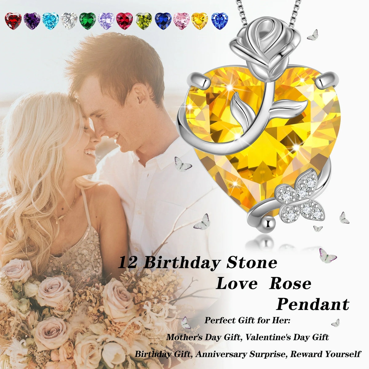 Juwaliy 15MM Women Rose Heart Necklace January Birthstone 925 Sterling Silver Butterfly Flower Pendant Garnet Jewelry Mother Valentine's Day Gift