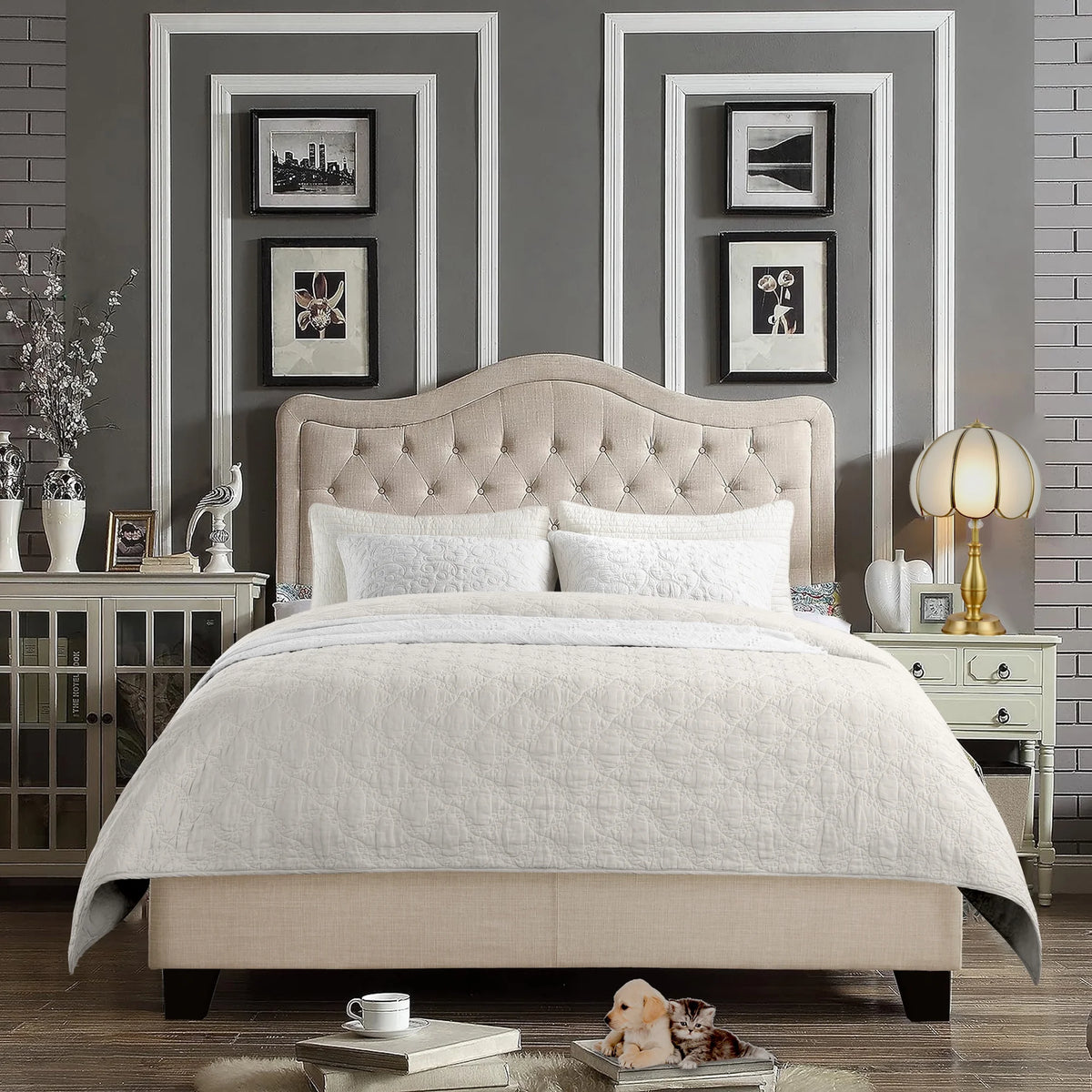 King Size Classical Bed Frame with Adjustable Button Tufted Headboard, Fabric Upholstered Platform Bed Frame for Bedroom, Strong Wooden Slat Support, Easy Assembly, Beige