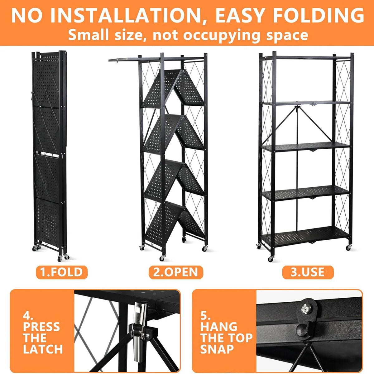HYEASTR 63.8 Inch Folding Bookshelf, 5 Tier Metal Bookcase and Bookshelves, Tall Shelves for Living Room Office Bedroom, Heavy Duty Book Shelve Free Standing Open