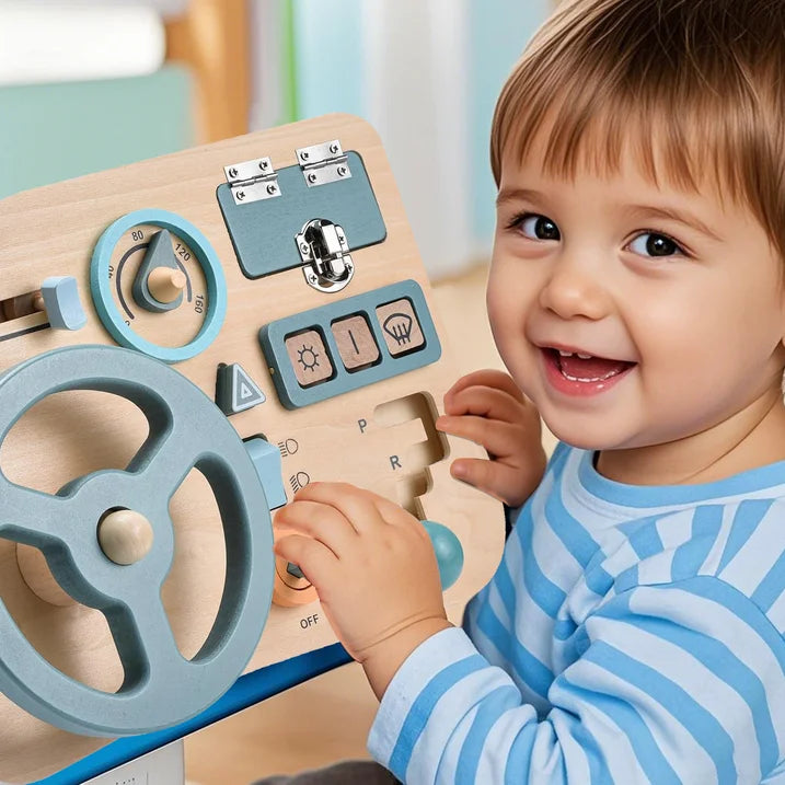 QXQ Montessori Busy Board Toy for Toddlers, Car Wooden Steering Wheel Sensory Board Educational Toys with 10 Motor Skills Activity, Driving Scene Travel Toys Toddlers Toy Gift for Boys and Girls