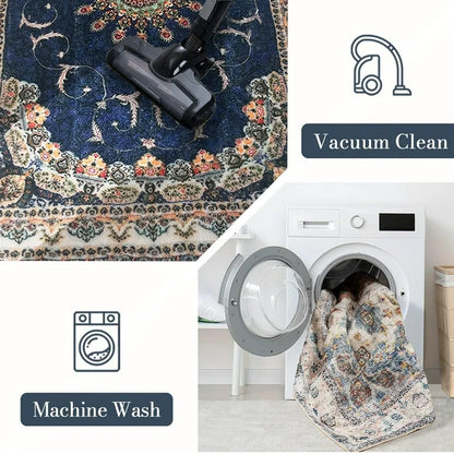 SUSUZI 5.3' x 7.5' Area Rug - Bohemian Retro Carpet, Machine Washable, Non-Slip, Low-Pile Soft Rug for Living Room, Bedroom, Blue