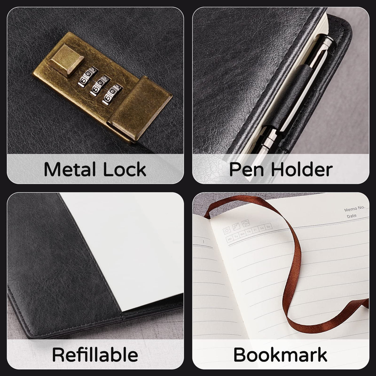 WEMATE Diary with Lock, A5 PU Leather, 240 Pages, Password Protected Notebook, Pen & Gift Box, Lock Diary,Black