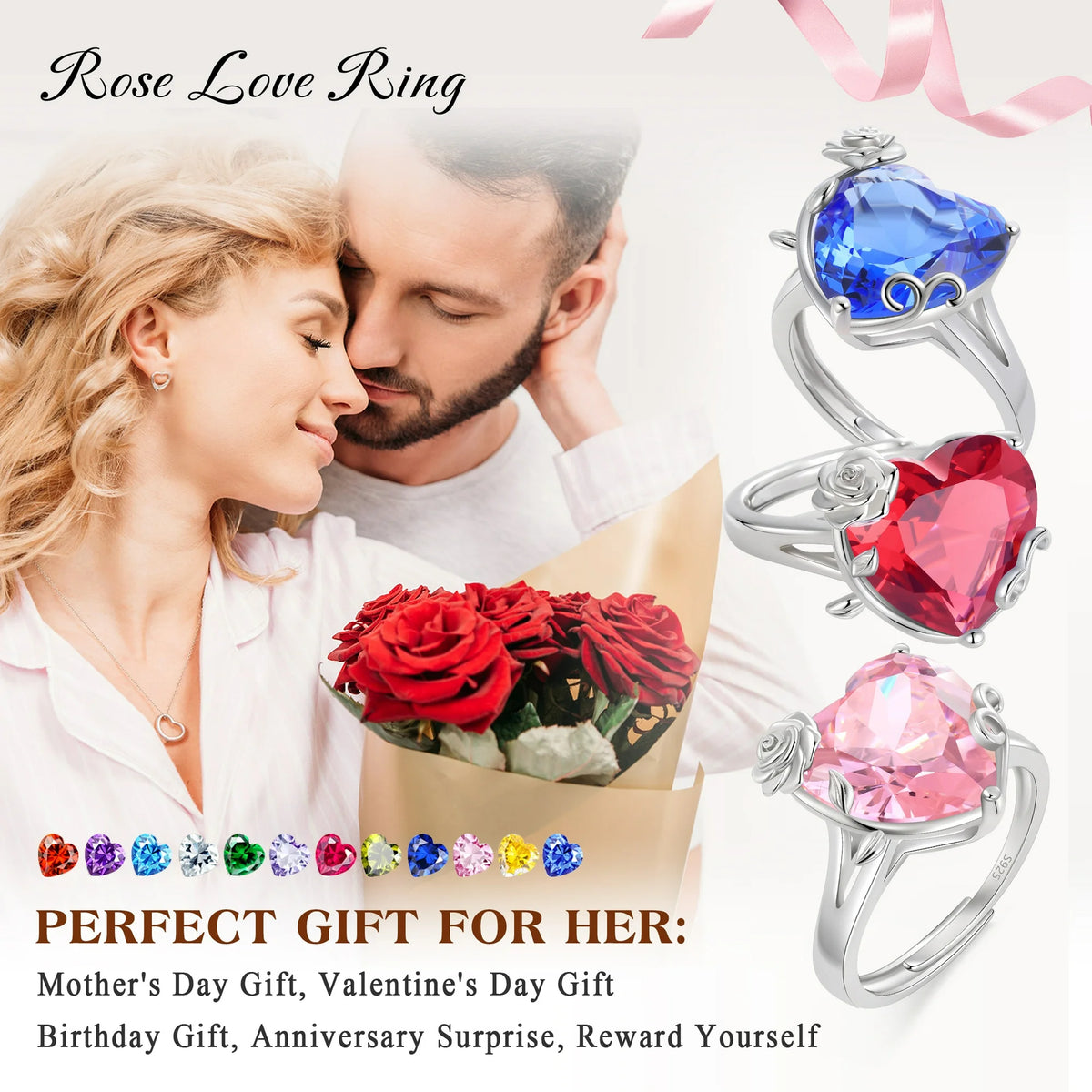 Juwaliy 9Ct Women Heart Ring 925 Sterling Silver Rose Flower October Birthstone Tourmaline Pink Solitaire Ring Jewelry Mother Birthday Valentine's Day Gift