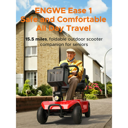 ENGWE 4 Wheels Folding Mobility Scooter with Basket，Electric Powered Travel Wheelchair for Elderly，264lbs for Adult,Red