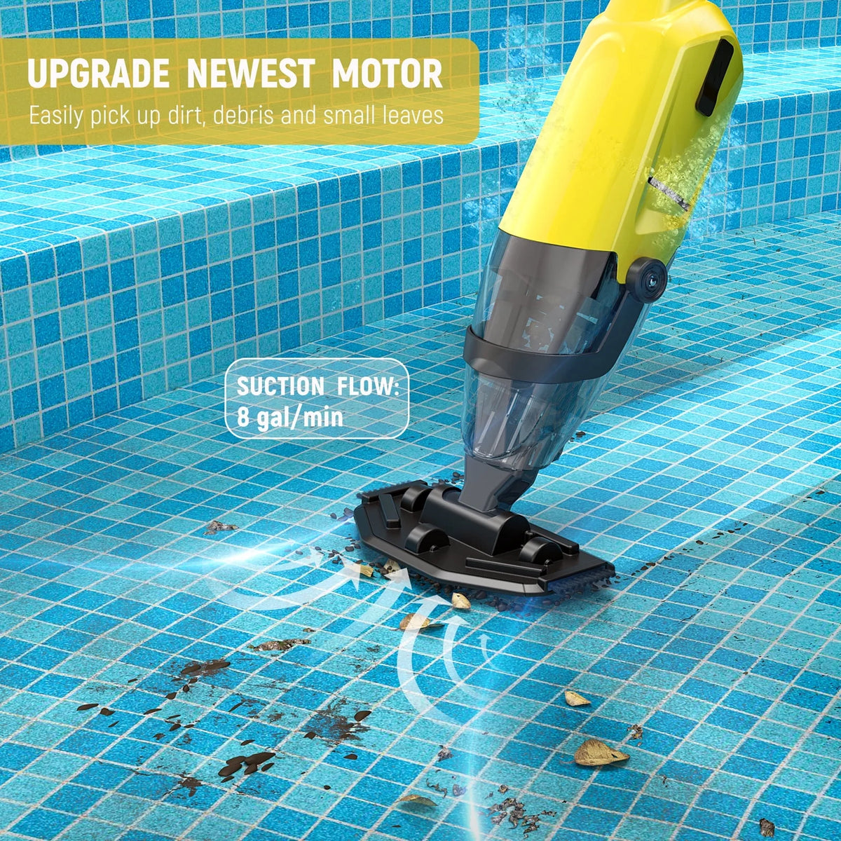 Efurden Cordless Pool Vacuum, Handheld Pool Vacuum with Running Time up to 60-Minutes for Above Ground Pools, Spas and Hot Tubs, Yellow