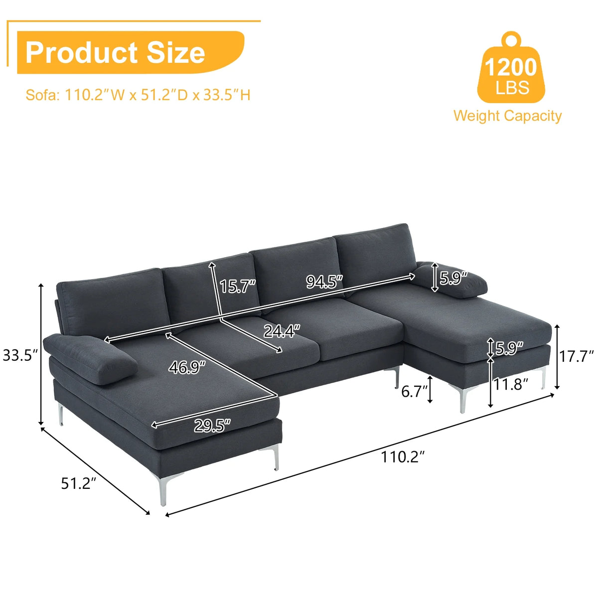 Ktaxon Sectional Sofa, U-Shape Convertible Couch Set with Soft Linen Fabric, Lounge Sleeper with Chaise for Living Room 4 Seat Dark Gray