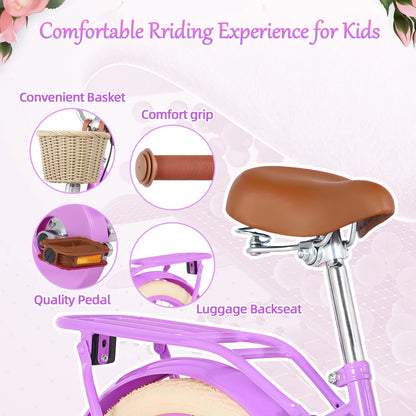 Girls Bike 20inch with Basket and Backseat, Kids Bicycle for 7-10 Years Old, Single Speed, Pink