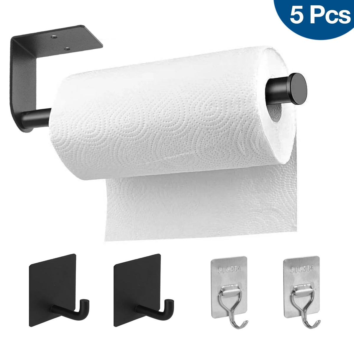 Aovky Paper Towel Holder Under Cabinet, 13.9 inch Self Adhesive Paper Towel Holder Wall Mount with 4 Hooks Stainless Steel Paper Towel Roll Rack for Kitchen Bathroom RV, Black
