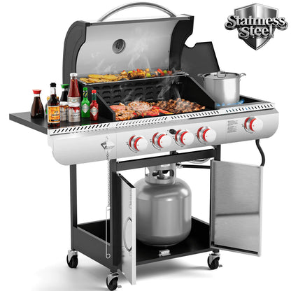 LHRIVER 4 Burner Stainless Steel Propane Gas Grill with Side Burner, Portable Outdoor Barbecue Cooking BBQ, 42,000 BTU