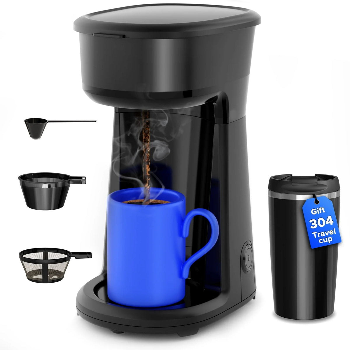 Auseo Mini Single Serve Coffee Maker Personal, 14Oz. Thermal Travel Mug with Stainless Steel Interior, Compatible with Coffee Grounds(Not Compatible with K-Cups), Reusable Filter, Black