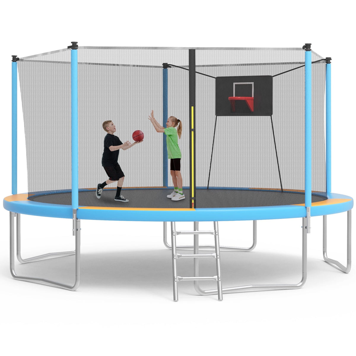 SHINPT 14ft Trampoline for Kids, Outdoor Trampoline with Net, Big Trampoline with Basketball Hoop and Ladder, Heavy Duty Trampoline with No gap Design, Backyard Trampolines for Adult