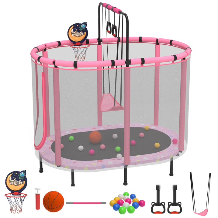 SHINPT 60 Toddler Trampoline Indoor, Mini Trampoline for Kids, Small Trampoline with Basketball Hoop and Swing,Baby Trampoline with Net, Kid Trampoline with Adjustable Gymnastics Bar