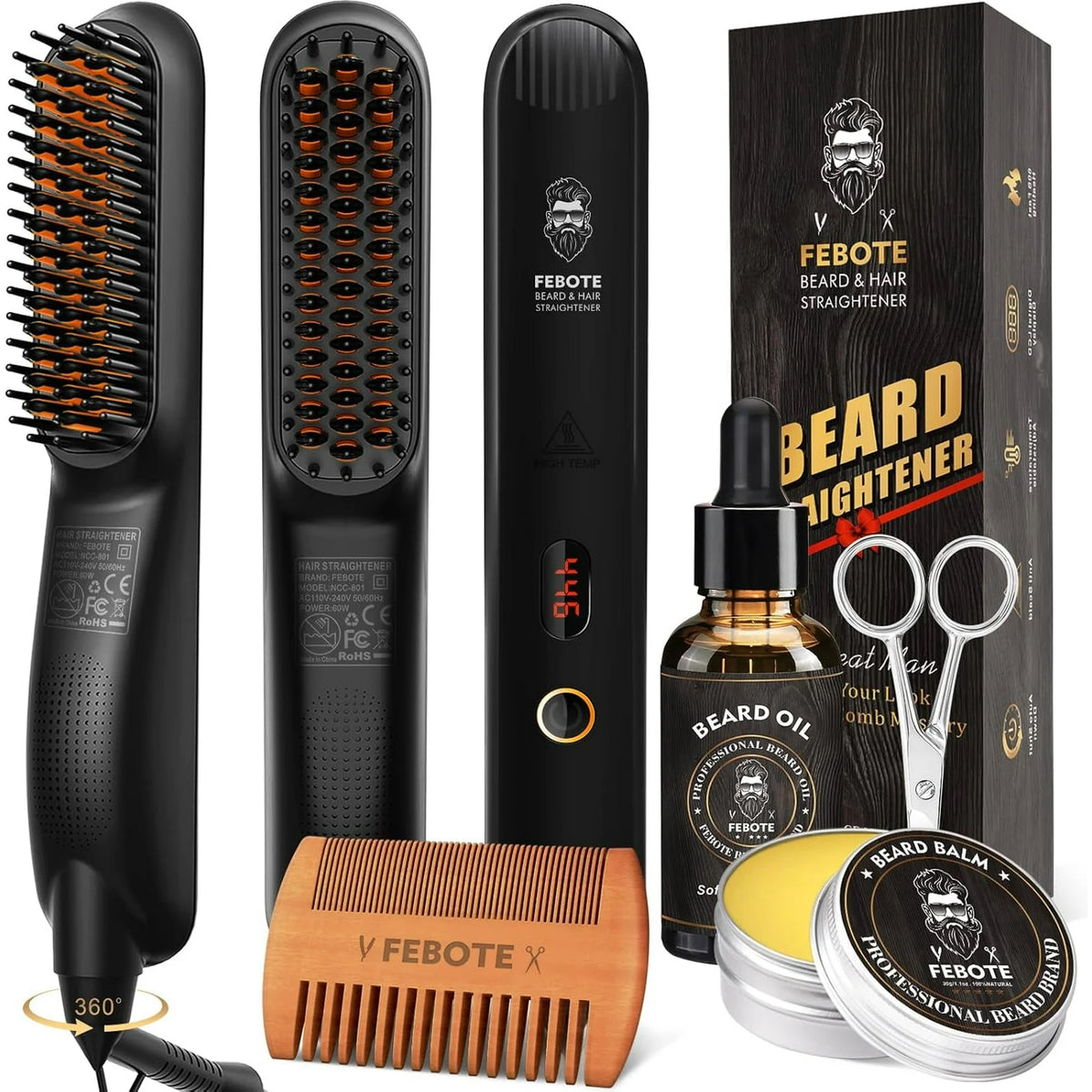 Beard Straightener Kit w/Beard Straightener, Beard Balm, Beard Growth Oil, Beard Styling Comb & Scissors, Upgraded 5-in-1 Beard Straightening, Unique Stocking Stuffer Gifts for Friend, Father & Him