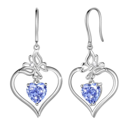 Beautlace 18K White Gold over Stering Silver Butterfly Dangle Drop Earrings,December Birthstone Heart Hook Earrings Jewelry Birthday Christmas Valentines Mothers Day Gifts for Women Mom