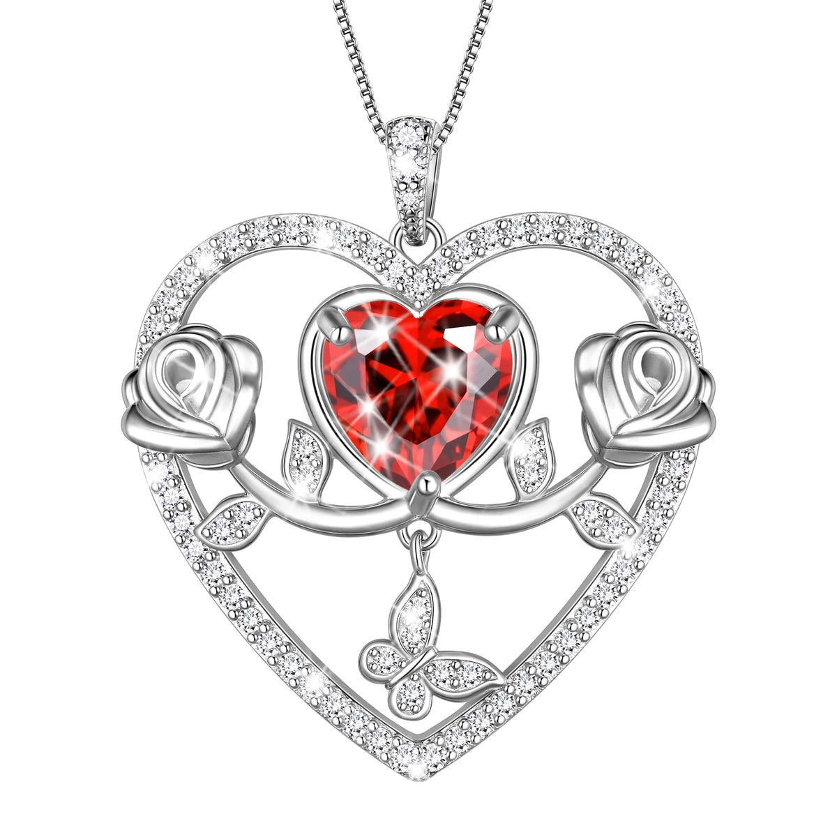 Beautlace 925 Sterling Silver Rose Heart Necklace,Butterfly Flower Pendant Necklace Jewelry Birthday Christmas Valentines Mother's Day Gifts for Women Mom Wife -January
