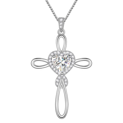 Beautlace GRA Certified 1 Carat Moissanite Cross Necklace,18K White Gold over Stering Silver Heart Birthstone Pendant Necklace Jewelry Birthday Christmas Valentines Gifts for Women
