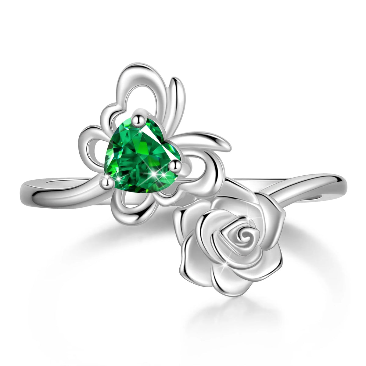 Beautlace Rose Heart Birthstone Ring,925 Sterling Silver May Emerald Butterfly Birthstone Adjustable Open Rings Birthday Christmas Mothers Day Jewelry Gifts for Women Mom