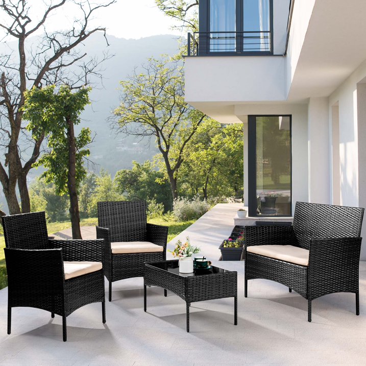 Carpet 4PCS Patio Rattan Wicker Furniture Conversation Set with Loveseat Sofa and Table for Garden Yard,Black