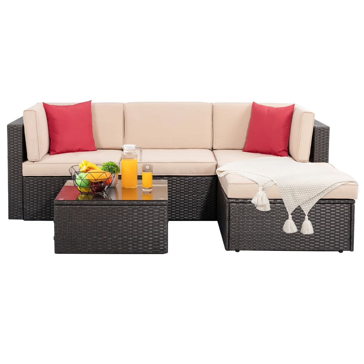 Carpet 5 Piece Outdoor Conversation Sets, Wicker Sectional Patio Set, Khaki