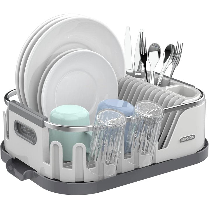 Dish Drying Rack for Kitchen Counter, Compact Dish Drainer with Drainboard, Utensil Holder and Cup Rack, Plastic Kitchen Drying Rack for Dishes, Cups, Knives, Spoons and Forks, White