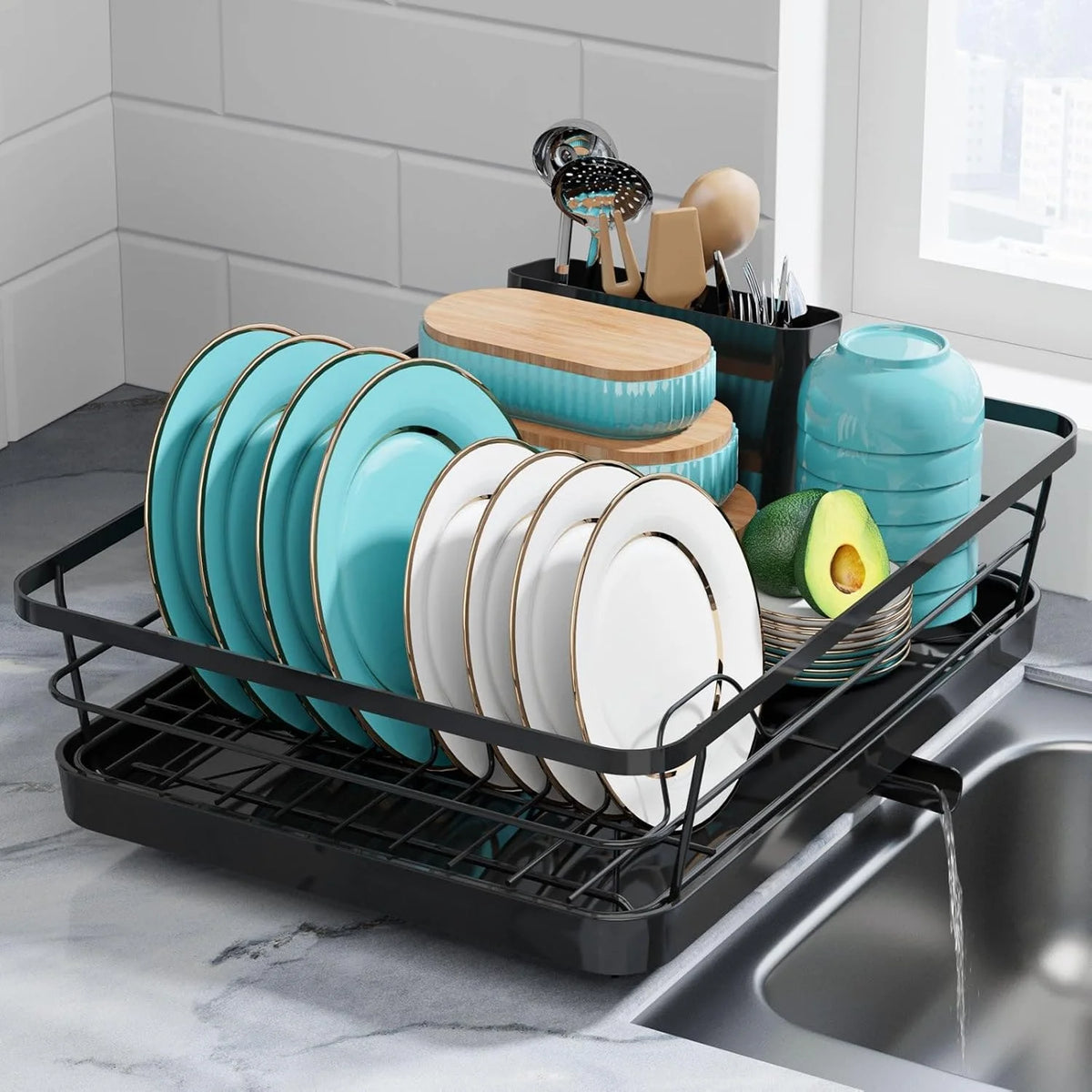 Dish Drying Rack - Stainless Steel Dish Rack with Drainboard for Kitchen Counter and Sink, Large, Black