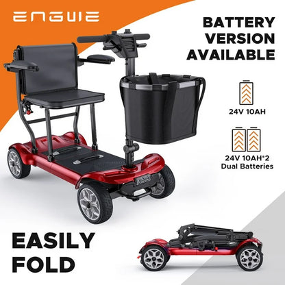 ENGWE 4 Wheel Mobility Scooter for Adults Seniors - Ease 2 Pro Luxury 24V 20A Li-ion Battery Lightweight 43.2lb Compact Folding Portable to Travel 270W Motor, Headlight Basket, Dual Battery-Red