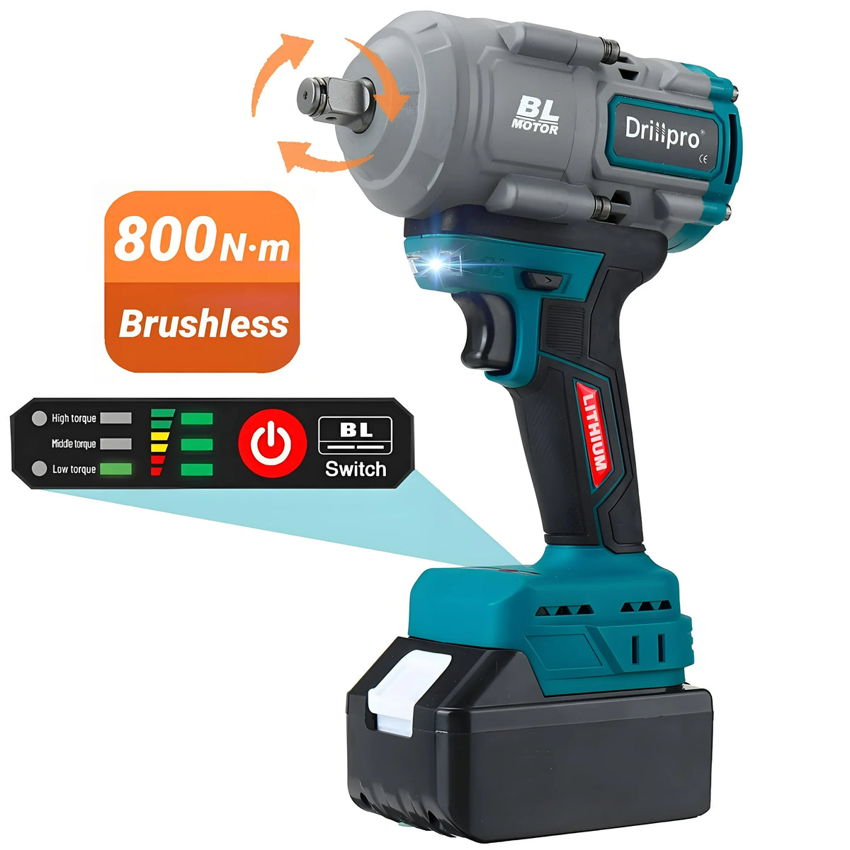 Impact Wrench,DRILLPRO 1 2 inch 600Ft lbs(800N·m) Brushless Cordless Electric Wrench, 21V Impact Driver with 1PCS Lithium Batteries,3000RPM Power Impact Gun for Car Home