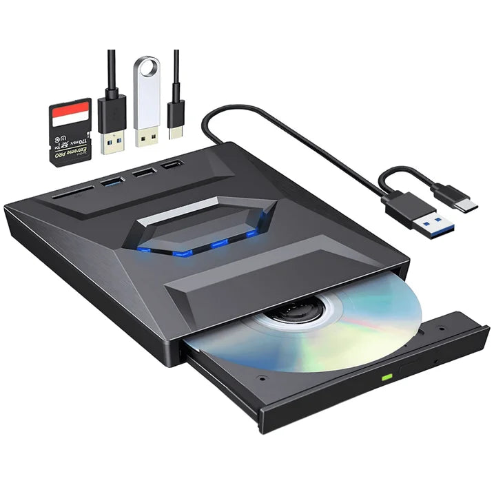 External CD DVD Drive for Laptop, 6 in 1 USB C Portable CD/DVD +/-RW Drive/DVD SD Card Reader, USB 3.0 USB C Hub CD ROM Burner for MacBook Linux OS Windows, Not Blu ray  Only Plain DVD Player