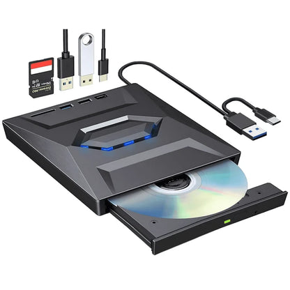 External CD DVD Drive for Laptop, 6 in 1 USB C Portable CD/DVD +/-RW Drive/DVD SD Card Reader, USB 3.0 USB C Hub CD ROM Burner for MacBook Linux OS Windows, Not Blu ray  Only Plain DVD Player