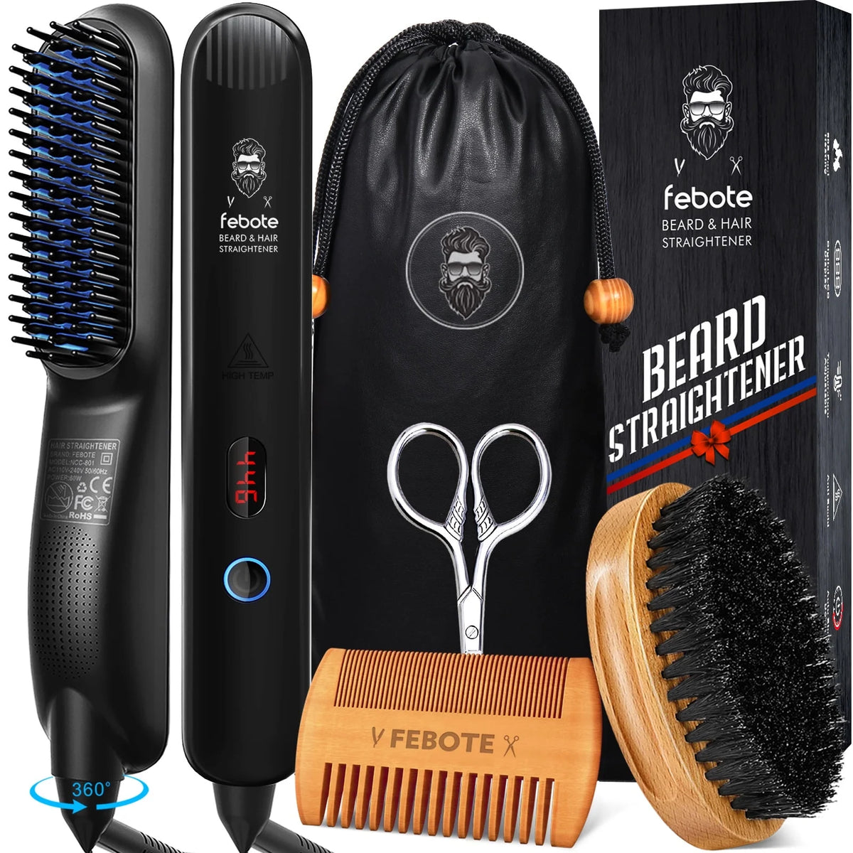 FEBOTE Upgraded 5-in-1 Beard Straightener Grooming Kit for Men - Beard Straightener, Beard Brush, Comb, Mustache Scissors & Travel Bag, Perfect Christmas Gift for Him