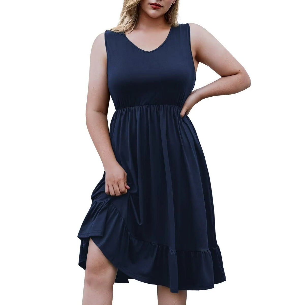 FOLUNSI Plus Size Summer Dress for Women Casual Sleeveless V neck Ruffled Swing Dresses with Pockets M-4XL