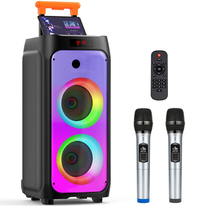 FanFun Large Bluetooth Speaker, 23.82" Big Party Speaker with Wheels, Trolley Bar, DJ Light, 500W Peak Power, Deep Bass Portable Outdoor Speaker System with Karaoke Microphone, Usb, Aux in