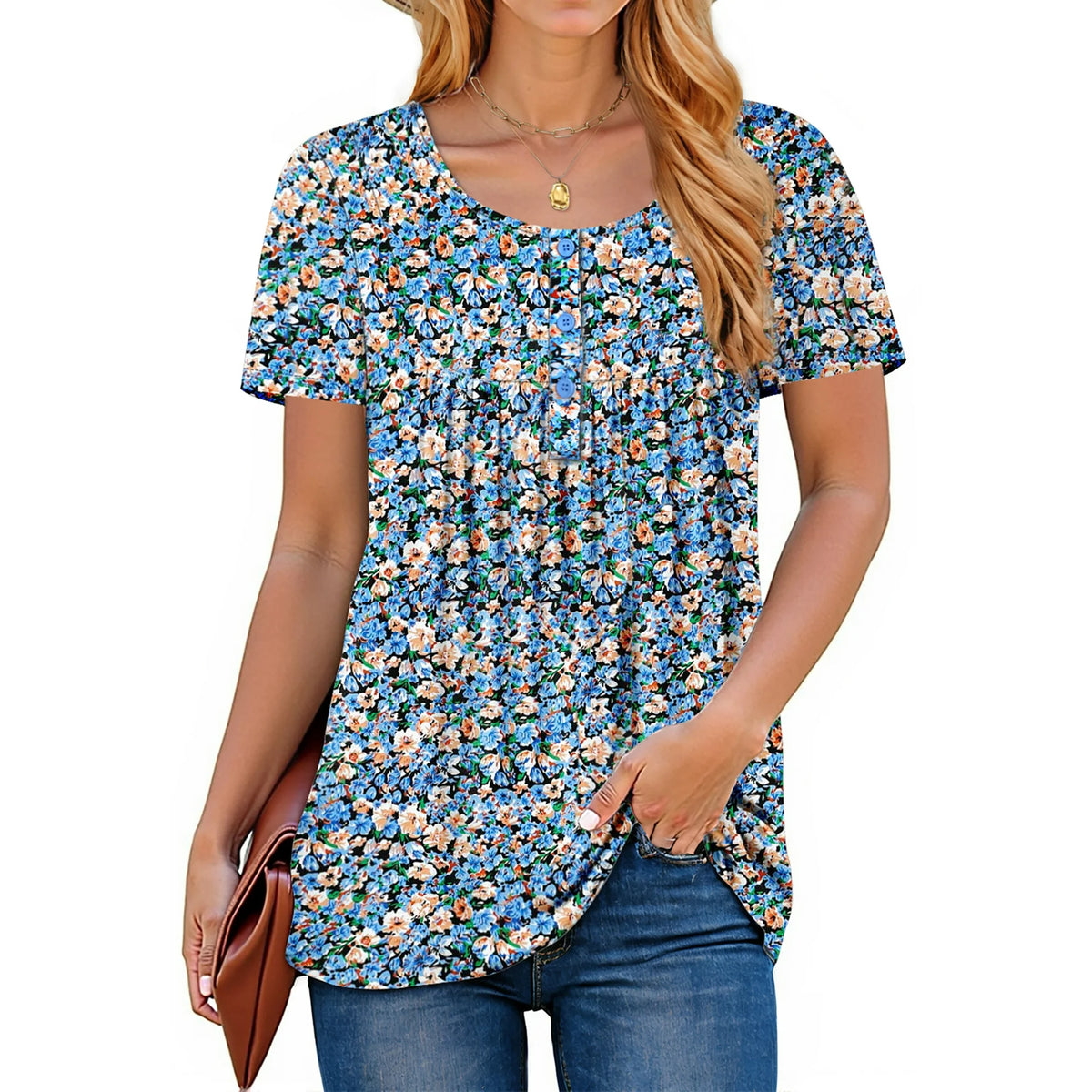 Fantaslook Women Tunic Tops Casual Henley Short Sleeve Shirts Floral Blouses Loose Summer Tops