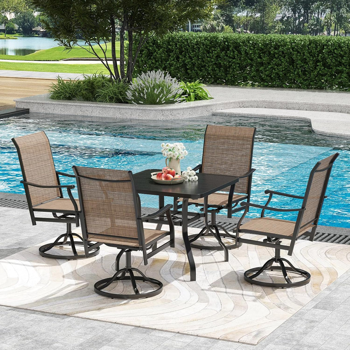 Farini Outdoor Dining Set for 4, 5-Piece Patio Table and Chairs Set, 4 x Swivel Patio Chairs with Textilene Fabric and 35"x35" Outdoor Dining Table with 1.57" Umbrella Hole for Poolside, Backyard