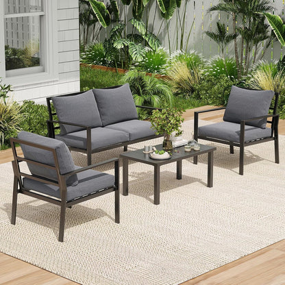Farini Outdoor conversation sets, 4 Pieces Metal Patio Furniture Set with 2 Single Sofas, Loveseat & Coffee Table, for Garden, Backyard, Balcony (Dark Gray)