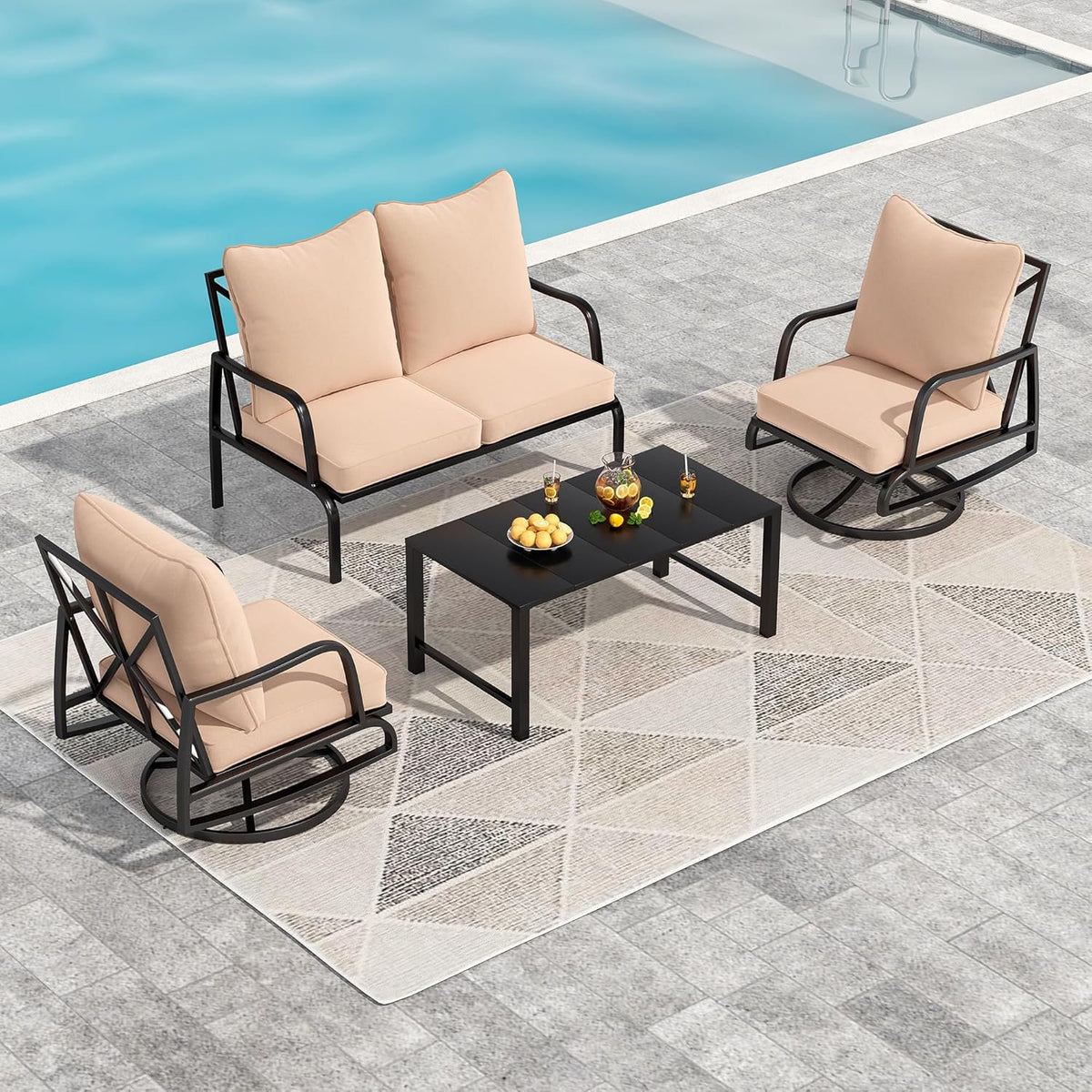 Farini Patio Furniture Set, 4 Piece Outdoor Patio Furniture Set, 2 x Outdoor Swivel Chair, 1 x 2-Seats Sofa and 1 x Coffee Table, Metal Conversation Set for Porch, Balcony, and Backyard