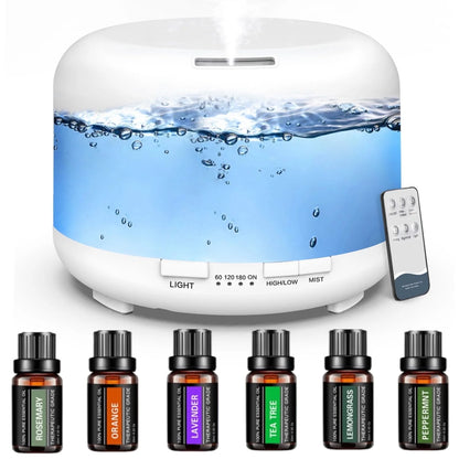 Fimilo Oil Diffuser with 6x10mL Essential Oils, 500ml Essential Oil Diffusers, Aromatherapy Diffuser, Diffusers for Essential Oils Large Room, Baby Room, Home(Pure White)