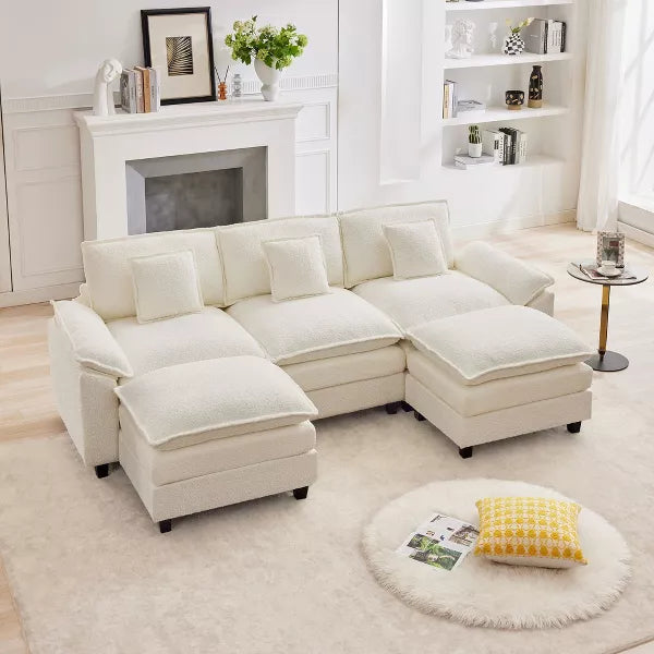 HYLEORY Chenille Fabric Pillow Top Arm U-Shaped Sectional Sofa , Indoor Convertible Modular Sectional Sofa Set with 2 Ottomans for Living Room