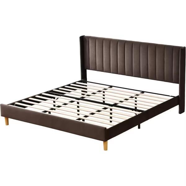 Elegant Upholstered Platform Bed with Vertical Channel Tufted Headboard No Box Spring Needed Noise-Free Easy Assembly