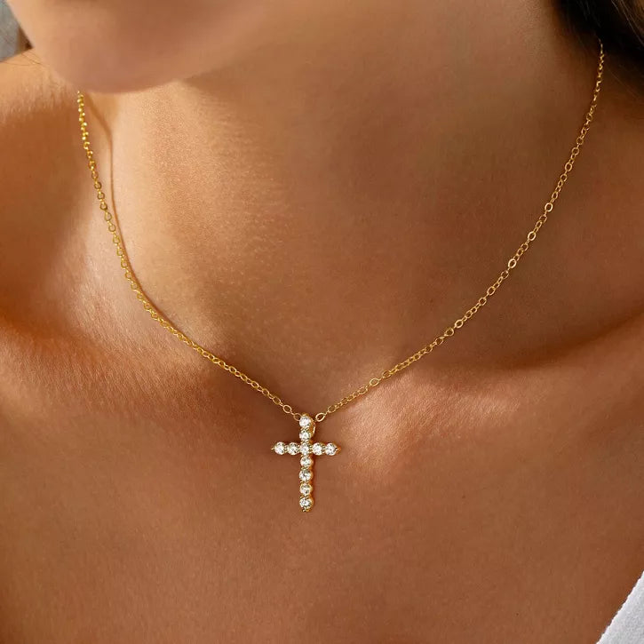 Turandoss Dainty Gold Cross Necklaces for Women Trendy, Diamond Necklace Hypoallergenic, Gold Jewelry for Women, Birthday Gifts for Her, 16+2.5in Gold