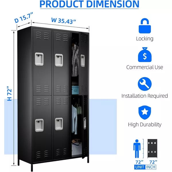 AOBABO Metal Locker for School Office Gym Bedroom,6 Doors Steel Storage Locker Cabinet for Employees,Assembly Required (6 Door-Black)