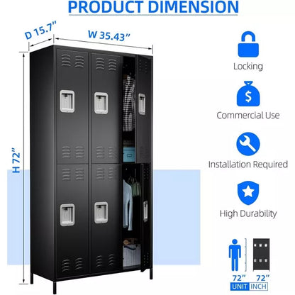 AOBABO Metal Locker for School Office Gym Bedroom,6 Doors Steel Storage Locker Cabinet for Employees,Assembly Required (6 Door-Black)