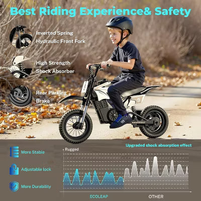 ECOLEAP K1 Kids Electric Dirt Bike 36V – 16MPH Fast, 14-Mile Range, 700W Peak Motor, 3-Speed Modes, 12" Off-Road Tires, UL,Ages 3-10,Gray