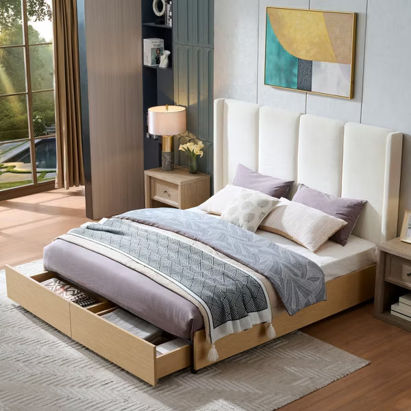 Upholstered Platform Bed with 2 Footboard Storage Drawers,Vertical Channel Tufted Headboard,No Box Spring Needed,Easy Assembly