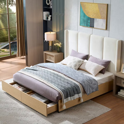 Upholstered Platform Bed with 2 Footboard Storage Drawers,Vertical Channel Tufted Headboard,No Box Spring Needed,Easy Assembly